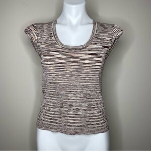 Vintage 70s Striped Brown, Tan and Cream Cap Sleeved Knit Tee